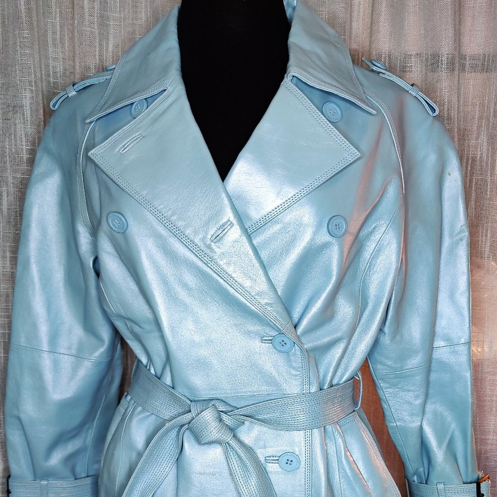 Adler Collection Leather Trench Coat Aqua Metallic